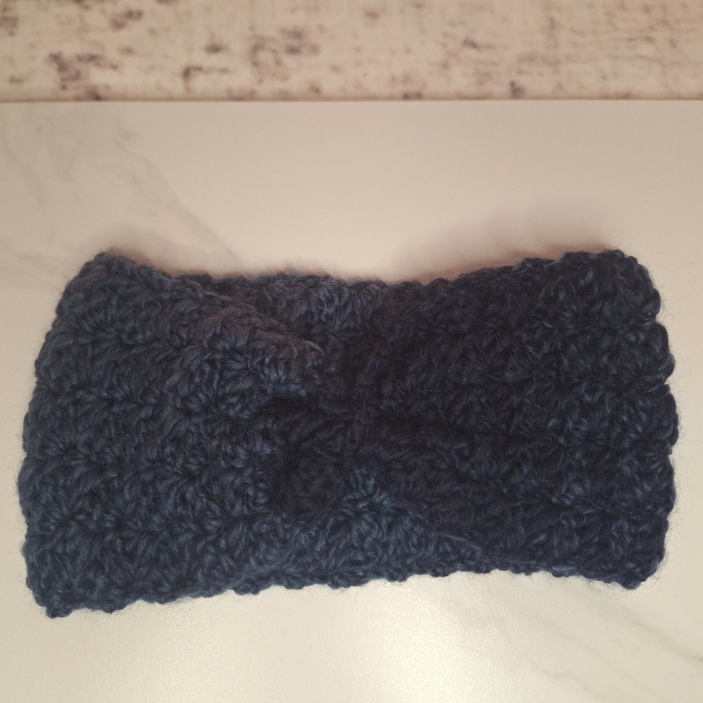 Handmade Crochet Blue Ear Warmers Head Band Twist Handcrafted Acrylic Wool 22%